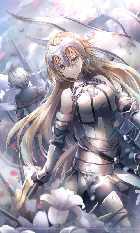 armor armored_boots armored_dress bad_id bad_pixiv_id bangs bare_shoulders black_cape black_dress black_legwear blonde_hair blue_eyes boots breasts cape cloud cloudy_sky commentary dress earrings eyebrows_visible_through_hair facing_away fate/grand_order fate_(series) flower fur-trimmed_legwear fur_trim gauntlets hair_between_eyes headpiece jeanne_d'arc_(alter)_(fate) jeanne_d'arc_(fate) jeanne_d'arc_(fate)_(all) jewelry long_hair medium_breasts multiple_girls outdoors silver_hair sky solo_focus thighhighs very_long_hair white_dress white_flower yunohito