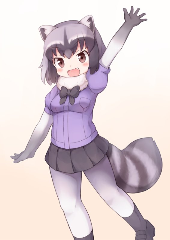 :d animal_ears arm_up black_footwear black_gloves black_hair black_legwear black_neckwear black_skirt blush bow bowtie breast_pocket brown_eyes commentary common_raccoon_(kemono_friends) eyebrows_visible_through_hair fang fur_collar gloves gradient gradient_background grey_hair kemono_friends looking_at_viewer matsuu_(akiomoi) miniskirt multicolored_hair open_mouth pantyhose pleated_skirt pocket raccoon_ears raccoon_tail short_sleeves skirt smile solo tail white_legwear