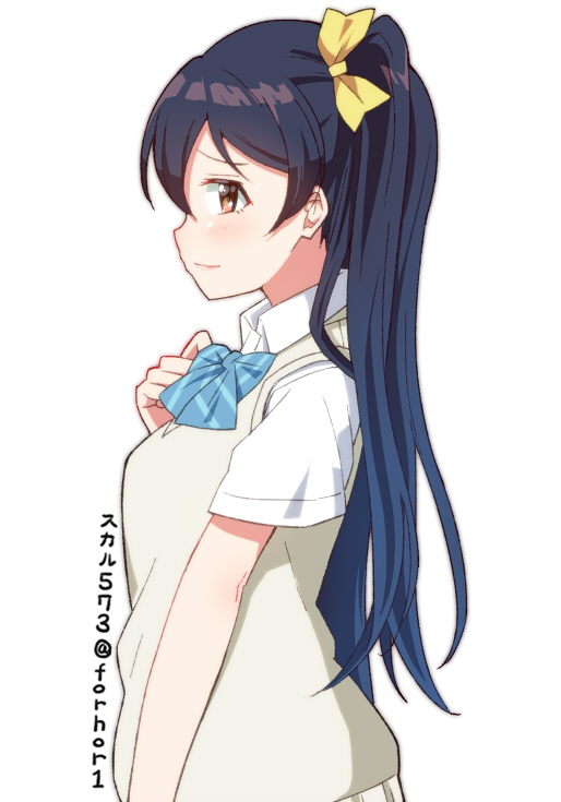 alternate_hairstyle bangs blue_hair blush commentary_request from_side hair_between_eyes long_hair looking_at_viewer love_live! love_live!_school_idol_project one_side_up otonokizaka_school_uniform ponytail school_uniform side_ponytail simple_background skull573 solo sonoda_umi upper_body white_background yellow_eyes