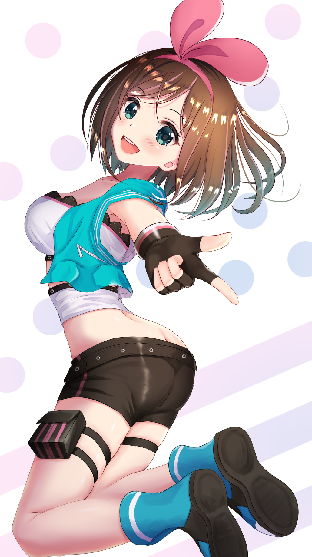 :d a.i._channel ass black_footwear black_gloves black_shorts blue_jacket blue_legwear blush breasts brown_hair butt_crack commentary_request crop_top cropped_jacket finger_gun fingerless_gloves gloves green_eyes hair_ribbon head_tilt highres jacket kizuna_ai long_hair looking_at_viewer looking_to_the_side medium_breasts midriff mimikaki_(men_bow) multicolored multicolored_hair multicolored_polka_dots open_clothes open_jacket open_mouth outstretched_arm pink_hair pink_ribbon polka_dot polka_dot_background ribbon round_teeth sandals shirt shoe_soles short_shorts shorts single_vertical_stripe skindentation sleeveless_jacket smile socks solo streaked_hair teeth thigh_strap upper_teeth virtual_youtuber white_background white_shirt