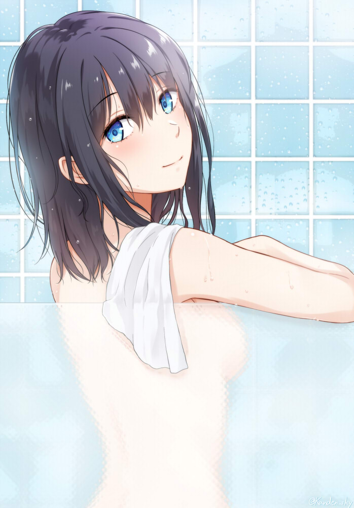 black_hair blue_eyes breasts commentary_request eyebrows_visible_through_hair from_behind frosted_glass hair_between_eyes kanden_suki looking_at_viewer looking_back medium_breasts nude original see-through short_hair shower_(place) smile solo tile_wall tiles towel towel_on_one_shoulder upper_body water_drop