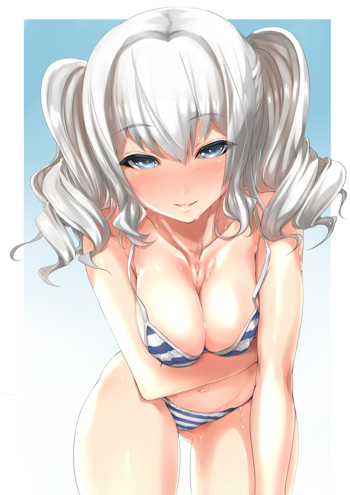 bikini blue_background blue_eyes breasts cleavage cowboy_shot gradient gradient_background kantai_collection kashima_(kantai_collection) large_breasts leaning_forward looking_at_viewer sidelocks silver_hair solo standing striped striped_bikini swimsuit takase_muu thigh_gap tsurime twintails wavy_hair wet white_background