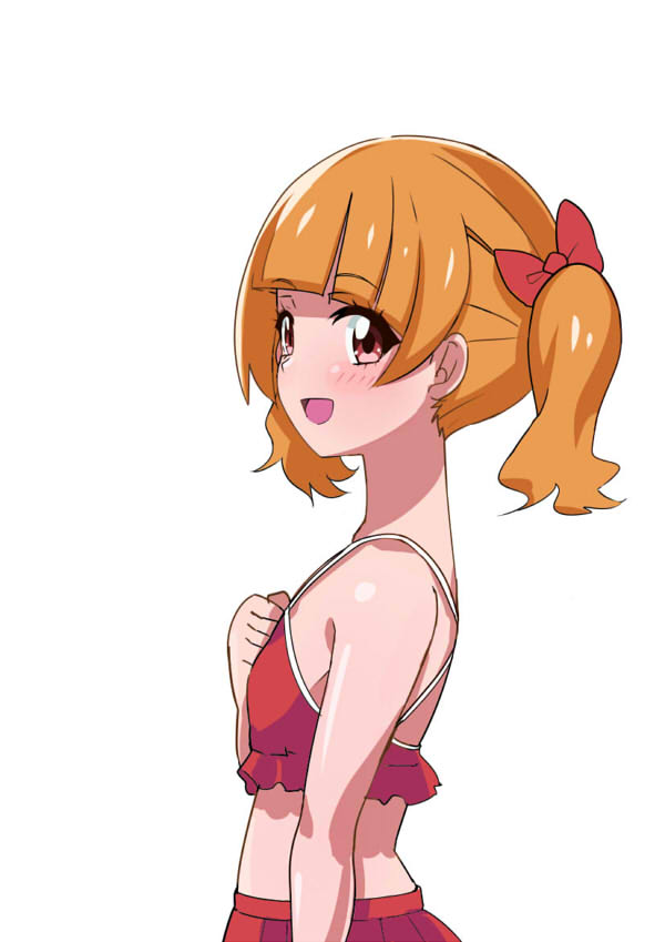 :d aisaki_emiru bangs bikini blunt_bangs blush bow commentary_request eyebrows_visible_through_hair hair_bow hugtto!_precure looking_at_viewer open_mouth orange_hair pink_eyes precure red_bikini red_bow short_hair simple_background smile solo swimsuit twintails upper_body white_background yodarekaketati