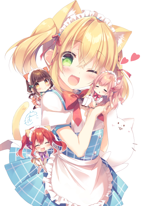 :d ;d =_= ^_^ amamine animal animal_ears apron blonde_hair blue_skirt blush brown_eyes brown_hair brown_skirt cat cat_ears cat_girl cat_tail chibi closed_eyes closed_mouth commentary_request facing_viewer frilled_apron frills green_eyes green_skirt head_tilt heart light_brown_hair long_hair maid_headdress multiple_girls one_eye_closed one_side_up open_mouth original pleated_skirt puffy_short_sleeves puffy_sleeves red_hair shirt short_sleeves simple_background skirt smile tail twintails uniform very_long_hair waist_apron waitress white_apron white_background white_shirt