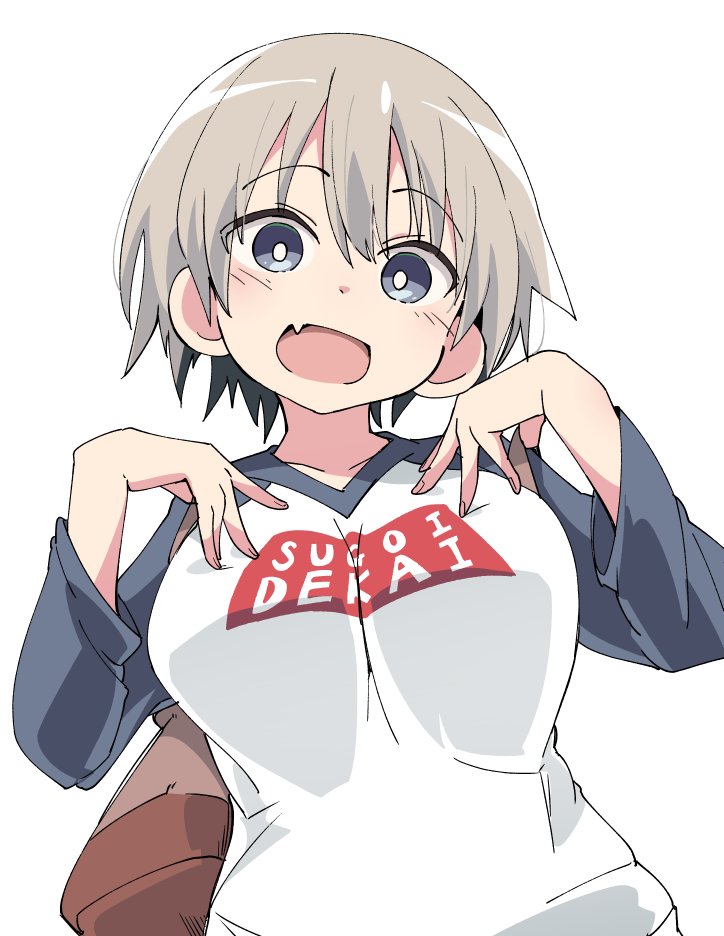 :d bag blue_eyes blush breasts brown_bag clothes_writing eyebrows_visible_through_hair fang grey_hair hair_between_eyes hands_on_own_chest ixy large_breasts long_sleeves looking_at_viewer open_mouth raglan_sleeves romaji short_hair smile solo spread_fingers upper_body uzaki-chan_wa_asobitai! uzaki_hana