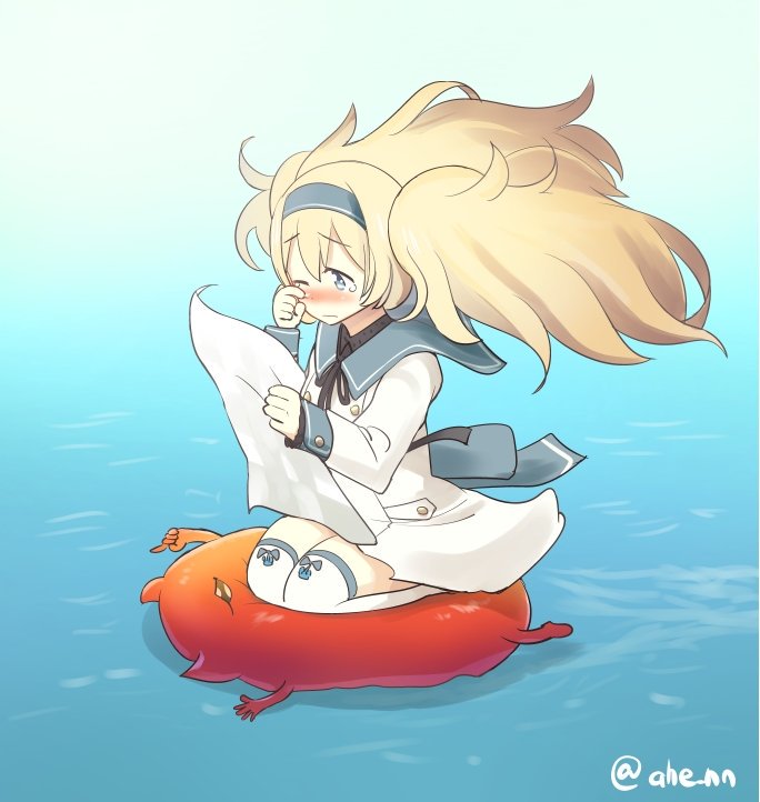afloat ahenn blonde_hair blue_eyes commentary dress enemy_lifebuoy_(kantai_collection) full_body gambier_bay_(kantai_collection) hairband kantai_collection map_(object) sailor_dress seiza shinkaisei-kan sitting tears thighhighs twintails twitter_username water white_dress white_legwear