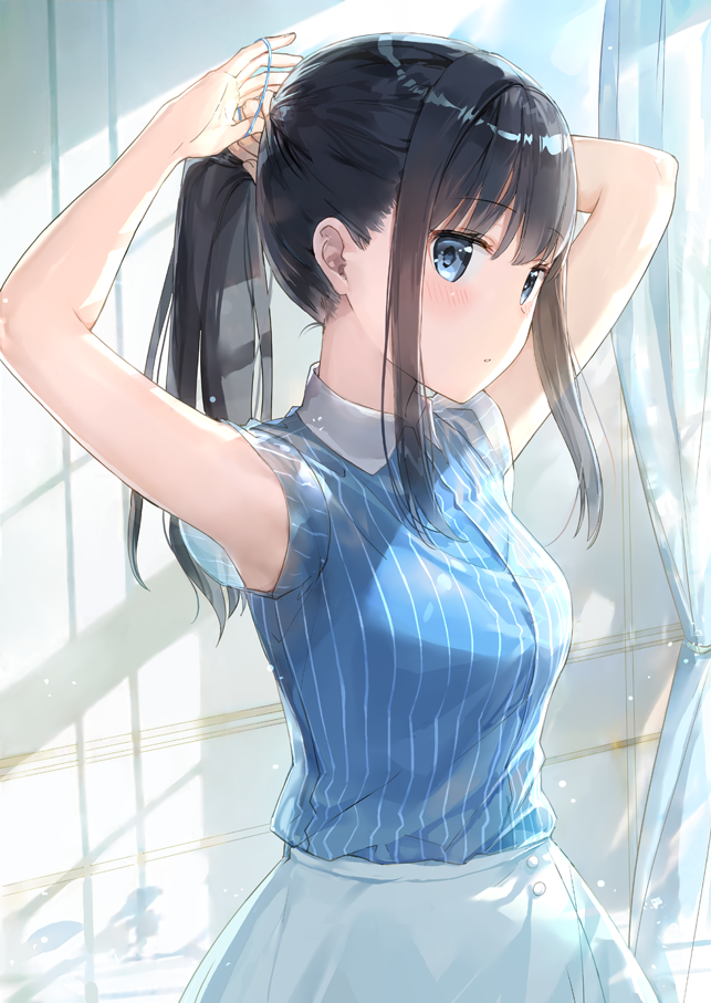 :o armpits arms_up bangs black_hair blouse blue_eyes blue_shirt blush breasts collared_shirt commentary_request curtains day eyebrows_visible_through_hair fuumi_(radial_engine) hair_tie holding indoors long_hair looking_at_viewer medium_breasts original parted_lips ponytail shirt short_sleeves sidelocks skirt solo striped striped_shirt tying_hair upper_body vertical-striped_shirt vertical_stripes white_skirt window_shade