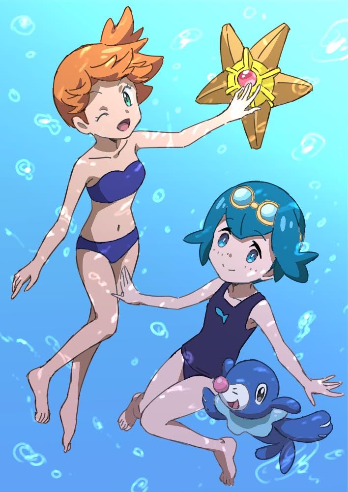 bikini hatena_(hatenashi8107) kasumi_(pokemon) multiple_girls pokemon pokemon_(anime) pokemon_(creature) pokemon_sm_(anime) popplio staryu suiren_(pokemon) swimsuit underwater