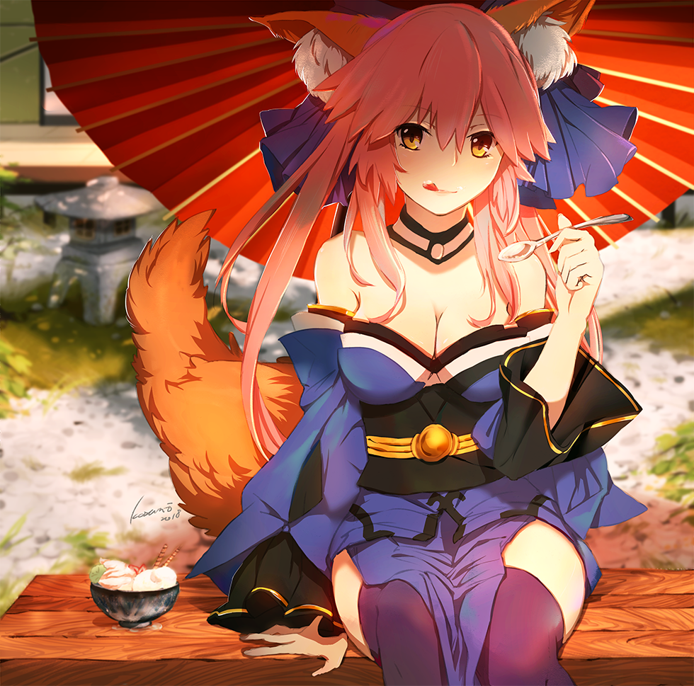 animal_ear_fluff animal_ears bare_shoulders blue_legwear blue_ribbon breasts cleavage detached_sleeves eating fate/extra fate/grand_order fate_(series) food fox_ears fox_tail fruit hair_ribbon ice_cream japanese_clothes kosumi large_breasts looking_at_viewer outdoors pink_hair ribbon sitting solo strawberry tail tamamo_(fate)_(all) tamamo_no_mae_(fate) tongue yellow_eyes