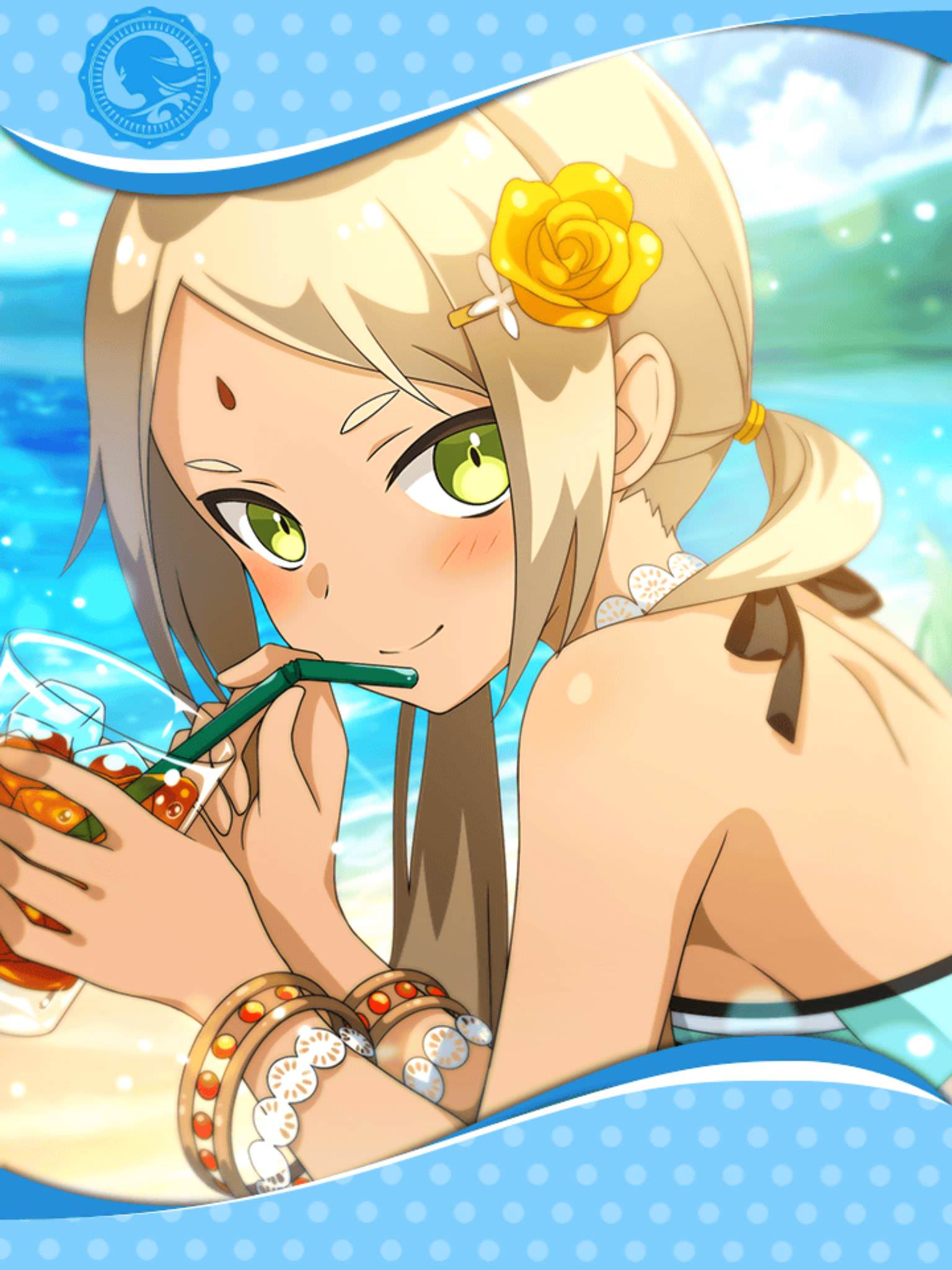 artist_request bangle beach bindi blonde_hair blush bracelet cup dark_skin day drink drinking_glass drinking_straw facial_mark flower forehead_mark framed_image green_eyes hair_flower hair_ornament hairclip highres holding holding_cup ice ice_cube jewelry long_hair looking_at_viewer low_twintails lying official_art parashu phantom_of_the_kill rose sand smile swimsuit twintails water yellow_flower yellow_rose