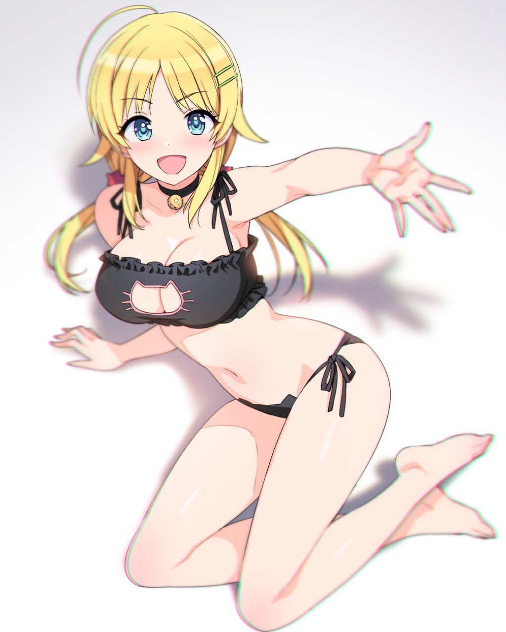 :d ahoge arm_support bare_legs barefoot bell bell_choker black_bra black_panties blonde_hair blue_eyes bra breasts cat_cutout choker chromatic_aberration cleavage eyebrows_visible_through_hair full_body hachimiya_meguru hair_ornament hairclip highres idolmaster idolmaster_shiny_colors jingle_bell large_breasts long_hair looking_at_viewer low_twintails navel ootomo_takuji open_mouth outstretched_hand panties side-tie_panties sitting smile solo twintails underwear underwear_only yokozuwari