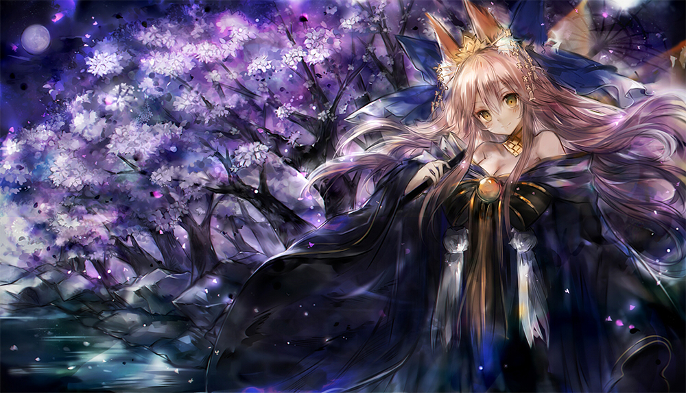 animal_ear_fluff animal_ears bare_shoulders blue_ribbon breasts cherry_blossoms cleavage collarbone detached_sleeves fate/grand_order fate_(series) fox_ears fox_tail full_moon hair_ribbon hanchan japanese_clothes large_breasts looking_at_viewer moon multiple_tails night outdoors pink_hair ribbon solo tail tamamo_(fate)_(all) tamamo_no_mae_(fate) tree yellow_eyes