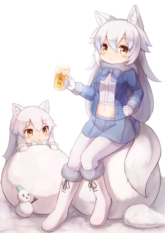 alcohol animal_ears arctic_fox_(kemono_friends) arctic_wolf_(kemono_friends) beer beer_mug blue_neckwear blue_skirt blush bow bowtie buttons commentary cup eyebrows_visible_through_hair fox_ears fur-trimmed_boots fur-trimmed_sleeves fur_collar fur_trim gloves hair_between_eyes holding holding_cup jacket kemono_friends long_hair long_sleeves looking_at_another looking_at_viewer matsuu_(akiomoi) midriff miniskirt multiple_girls navel open_clothes open_jacket pantyhose serval_(kemono_friends) simple_background sitting skirt snowball snowman tail very_long_hair white_background white_footwear white_gloves white_hair white_legwear wolf_ears wolf_tail yellow_eyes