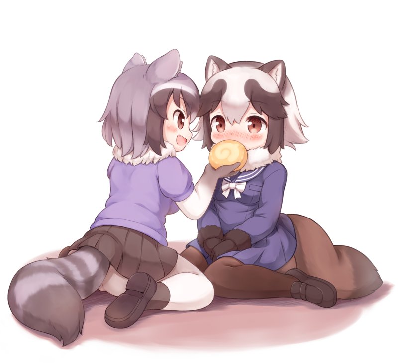 :d animal_ears black_footwear black_gloves black_hair black_legwear black_skirt blue_skirt blush bow bowtie brown_eyes commentary common_raccoon_(kemono_friends) eye_contact eyebrows_visible_through_hair fang feeding food from_behind fur-trimmed_sleeves fur_collar fur_trim gloves grey_apron grey_gloves japari_bun japari_symbol kemono_friends loafers long_sleeves looking_at_another matsuu_(akiomoi) miniskirt multicolored_hair multiple_girls open_mouth pantyhose pleated_skirt profile raccoon_ears raccoon_tail school_uniform serafuku shoes short_hair short_sleeves sitting skirt smile tail tanuki_(kemono_friends) two-tone_hair wariza white_background white_hair white_legwear white_neckwear
