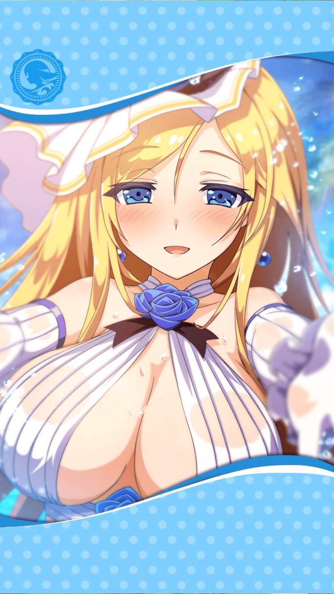 artist_request blonde_hair blue_eyes blue_flower blue_rose blush breasts caladbolg_(phantom_of_the_kill) cleavage earrings elbow_gloves eyebrows_visible_through_hair flower gloves highres huge_breasts jewelry looking_at_viewer official_art open_mouth phantom_of_the_kill rose smile swimsuit wet wet_clothes