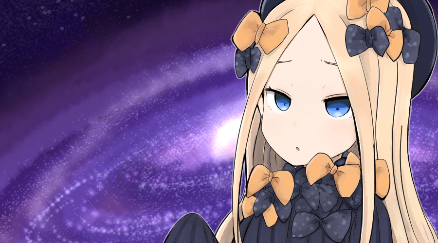 :o abigail_williams_(fate/grand_order) bangs black_bow black_dress black_hat blonde_hair blue_eyes blush bow dress fate/grand_order fate_(series) forehead galaxy hair_bow hand_up hat long_hair long_sleeves looking_at_viewer orange_bow parted_bangs parted_lips polka_dot polka_dot_bow ro_(aahnn) sleeves_past_fingers sleeves_past_wrists solo very_long_hair