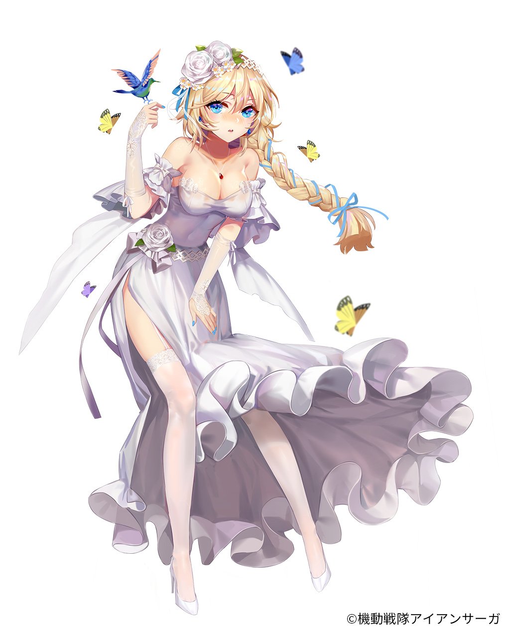 bangs bare_shoulders bird blonde_hair blue_butterfly blue_eyes blue_ribbon blush bow braid breasts bride bug butterfly cleavage collarbone commentary copyright_name covered_navel detached_sleeves dress earrings edith_(iron_saga) elbow_gloves eyebrows_visible_through_hair eyelashes fingerless_gloves fingernails floating floating_hair flower frilled_dress frilled_sleeves frills full_body garter_straps gloves hair_between_eyes hair_flower hair_ornament hair_ribbon hairband high_heels highres hummingbird insect iron_saga jewelry lace lace-trimmed_gloves lace-trimmed_thighhighs large_breasts leaf long_hair looking_at_viewer necklace nose_blush official_art parted_lips ribbon ribbon_braid simple_background single_braid sleeveless sleeveless_dress solo standing standing_on_one_leg strapless strapless_dress tareme thighhighs very_long_hair wedding_dress white_background white_dress white_flower white_footwear white_gloves white_legwear yellow_butterfly zjsstc