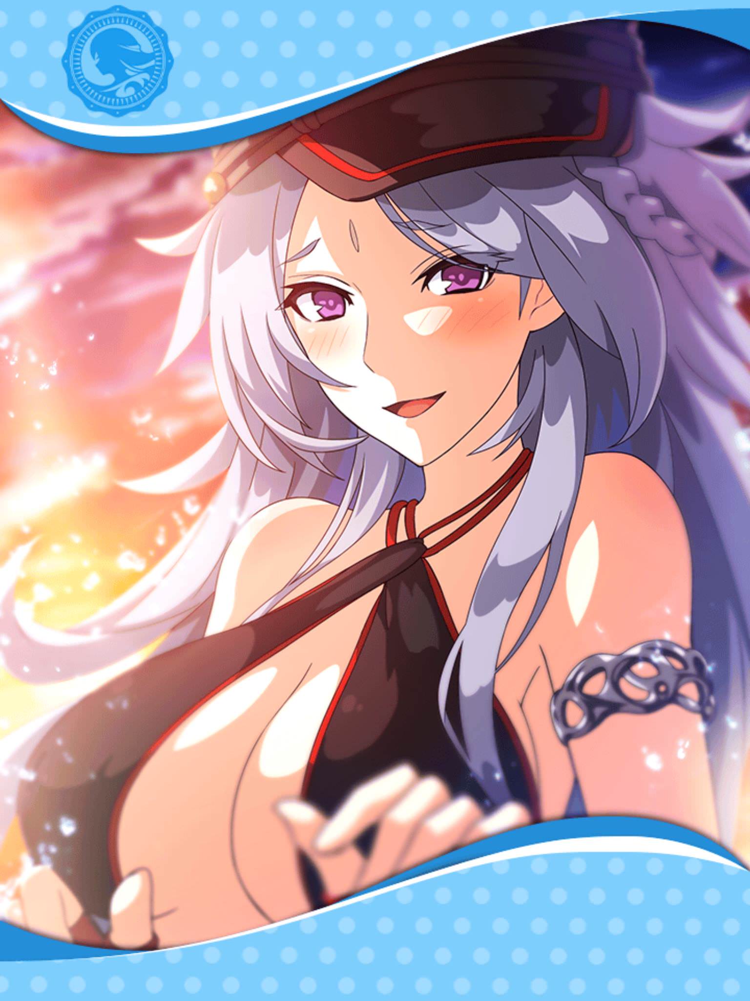 artist_request black_swimsuit blush breasts brionac_(phantom_of_the_kill) cleavage criss-cross_halter facial_mark forehead_mark framed_image halterneck hat highres jewelry large_breasts long_hair official_art open_mouth phantom_of_the_kill purple_eyes silver_hair smile swimsuit