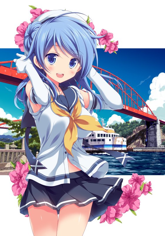 armpits arms_up blue_eyes blue_hair blue_sky boat bridge cloud commentary_request cowboy_shot double_bun elbow_gloves flower gloves hat kantai_collection neckerchief odawara_hakone pink_flower pleated_skirt river sailor_hat school_uniform serafuku skirt sky sleeves_rolled_up solo thigh_gap urakaze_(kantai_collection) water watercraft white_gloves white_hat yellow_neckwear