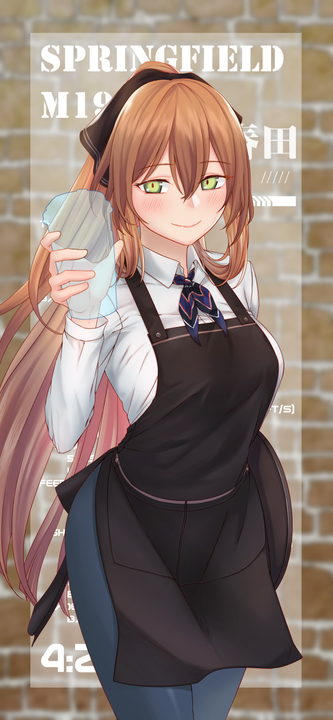 alternate_costume apron bangs blush breasts brown_hair character_name chinese_commentary closed_mouth collared_shirt commentary_request cup eyebrows_visible_through_hair girls_frontline green_eyes hair_between_eyes hair_ribbon hair_rings highres holding holding_cup holding_tray large_breasts long_hair long_sleeves looking_at_viewer m1903_springfield_(girls_frontline) maomi_wo neckerchief open_mouth pants ponytail ribbon shirt sidelocks smile solo tray white_shirt