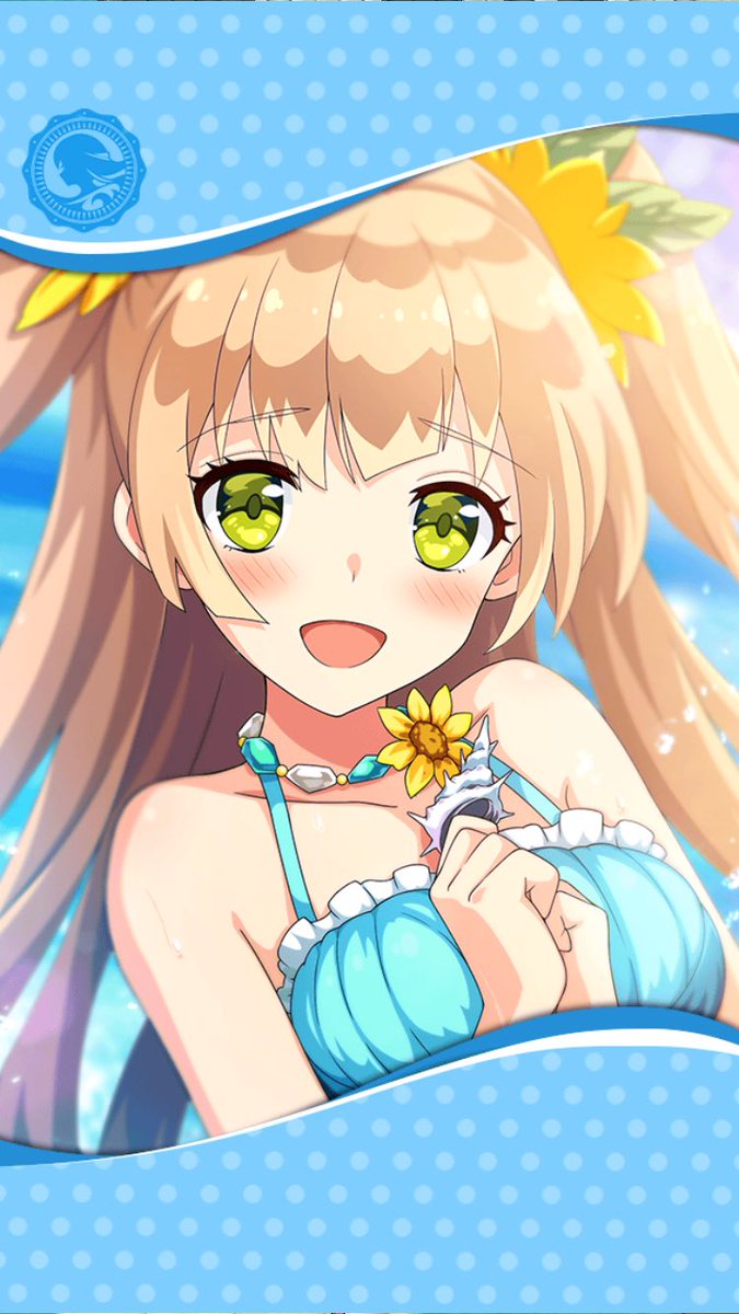 aqua_swimsuit artist_request blonde_hair blush eyebrows_visible_through_hair flower framed_image green_eyes hair_ornament hands_clasped highres ithuriel jewelry long_hair looking_at_viewer necklace official_art open_mouth own_hands_together phantom_of_the_kill seashell shell swimsuit twintails