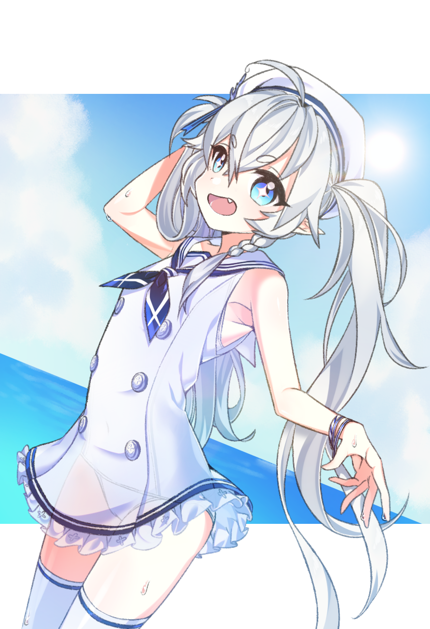 ahoge alternate_costume angellyuna blue_eyes blue_sky braid buttons day dress elsword eyebrows_visible_through_hair fang hair_between_eyes hat highres luciela_r._sourcream ocean pointy_ears sailor_dress sailor_hat see-through silver_hair sky swimsuit symbol-shaped_pupils thighhighs twintails wristband