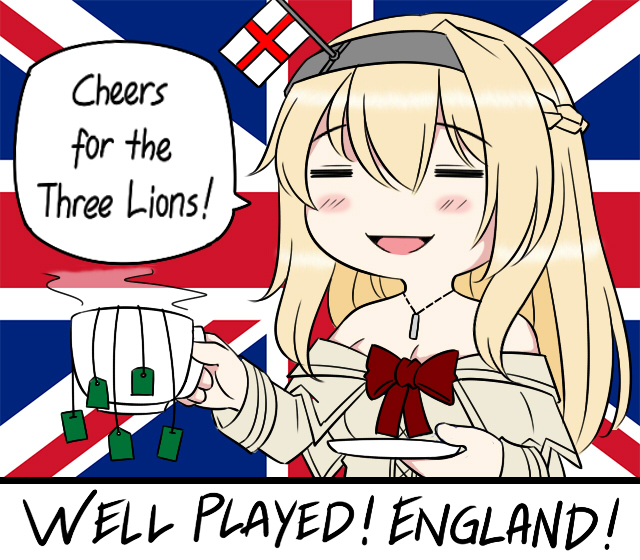 2018_fifa_world_cup =_= blonde_hair braid closed_eyes commentary dress england english english_commentary english_flag flag_background french_braid guin_guin jewelry kantai_collection long_hair long_sleeves necklace off-shoulder_dress off_shoulder red_ribbon ribbon soccer solo tea teabag union_jack united_kingdom warspite_(kantai_collection) world_cup