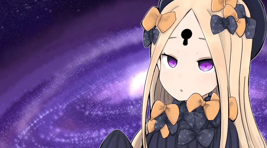 :o abigail_williams_(fate/grand_order) bangs black_bow black_dress black_hat blonde_hair blush bow dress fate/grand_order fate_(series) forehead galaxy hair_bow hand_up hat keyhole long_hair long_sleeves looking_at_viewer orange_bow parted_bangs parted_lips polka_dot polka_dot_bow purple_eyes ro_(aahnn) sleeves_past_fingers sleeves_past_wrists solo very_long_hair