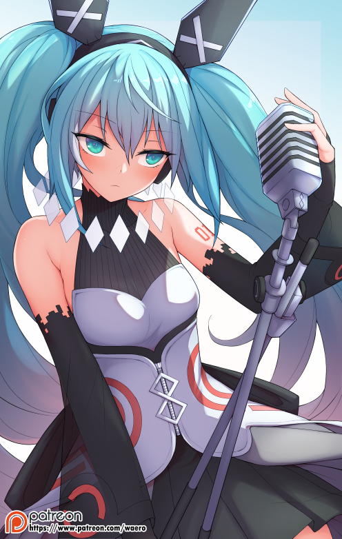 aqua_eyes aqua_hair bare_shoulders black_gloves chinese_commentary commentary_request detached_sleeves eyes_visible_through_hair fingerless_gloves gloves hair_between_eyes hatsune_miku headphones long_hair microphone_stand patreon_username solo tattoo twintails very_long_hair vocaloid waero wide_sleeves