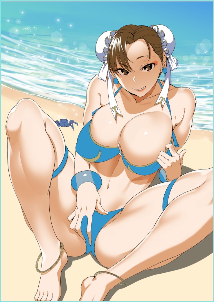 anklet bare_shoulders barefoot beach bikini blue_bikini breasts brown_eyes chun-li collarbone commentary_request crab crotch_grab day double_bun jewelry large_breasts looking_at_viewer navel ojo_(dfreak) raised_eyebrow sitting skindentation smile solo street_fighter swimsuit thick_thighs thighs
