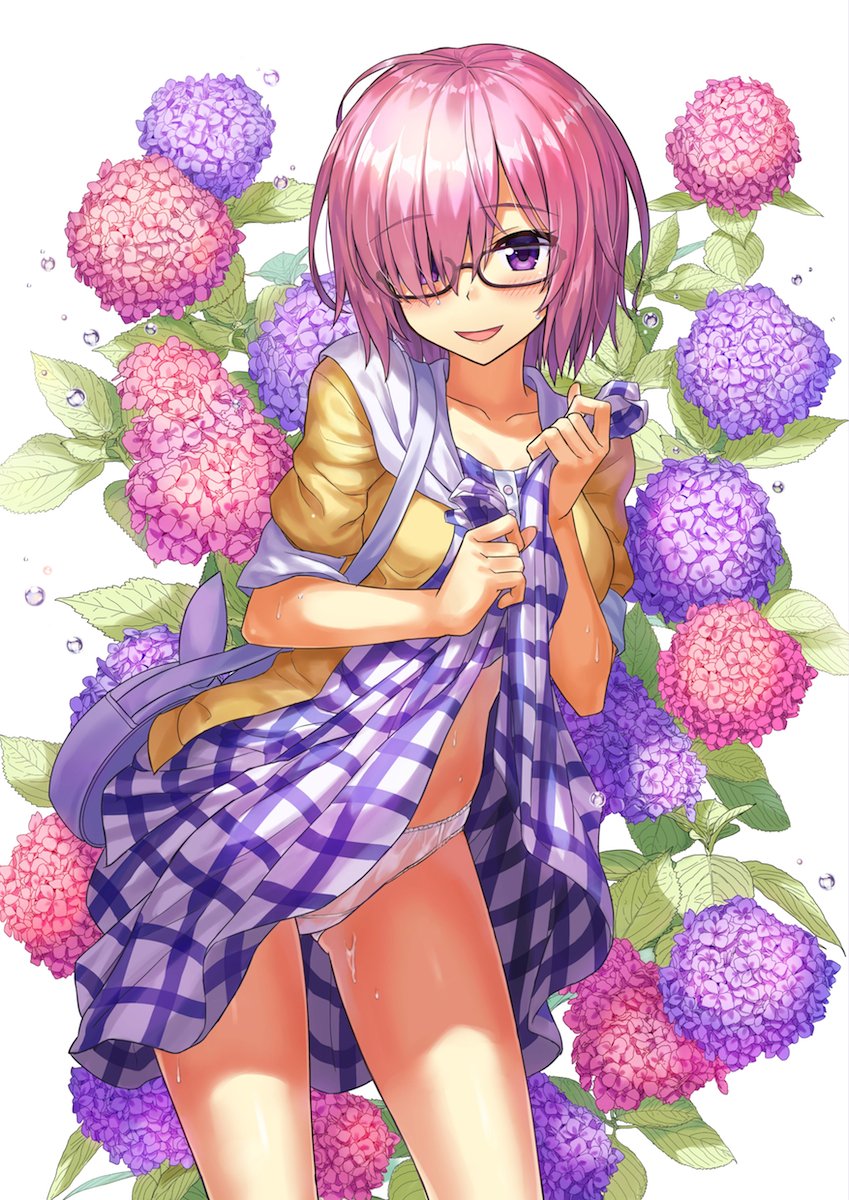 blush breasts brown_jacket checkered checkered_dress collarbone dress fate/grand_order fate_(series) flower glasses hair_over_one_eye highres jacket large_breasts looking_at_viewer mash_kyrielight npcpepper open_clothes open_dress panties parted_lips pink_hair purple_eyes sailor_collar short_hair short_sleeves skindentation smile solo standing suggestive_fluid underwear white_background white_panties