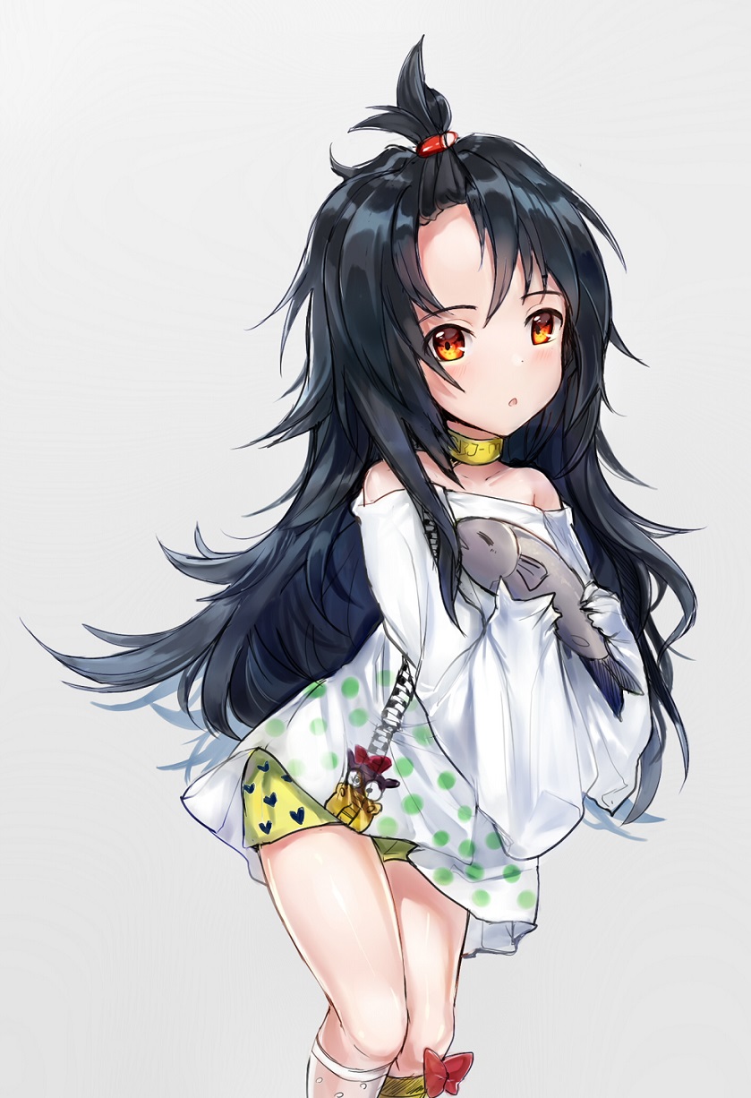 bare_shoulders black_hair brown_eyes c-ms_(girls_frontline) chinese_commentary choker commentary_request eyao fish girls_frontline heart highres holding long_hair messy_hair oversized_clothes oversized_shirt polka_dot polka_dot_shirt shirt short_shorts shorts sleeves_past_wrists solo topknot white_shirt yellow_shorts younger