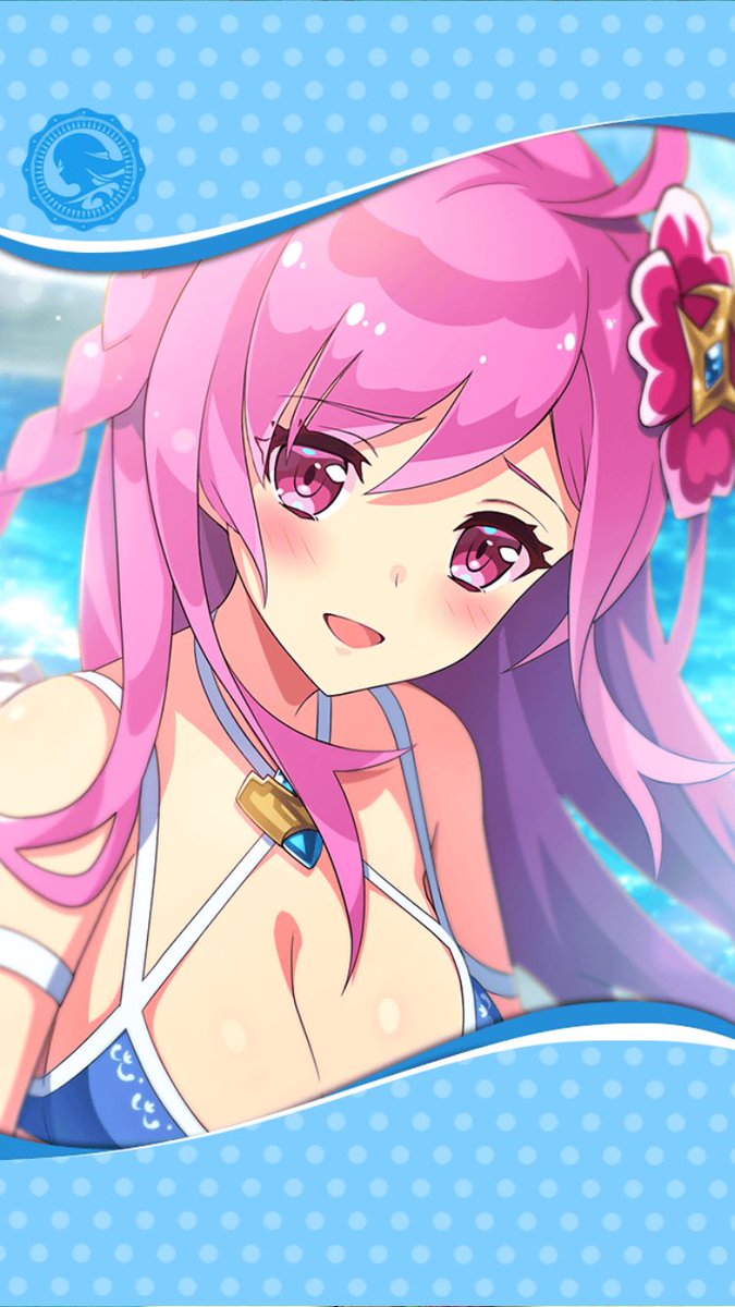 artist_request blue_swimsuit blush braid breasts cleavage eyebrows_visible_through_hair flower framed_image hair_between_eyes hair_flower hair_ornament highres long_hair medium_breasts official_art open_mouth phantom_of_the_kill pink_eyes pink_hair swimsuit tyrfing_(phantom_of_the_kill)
