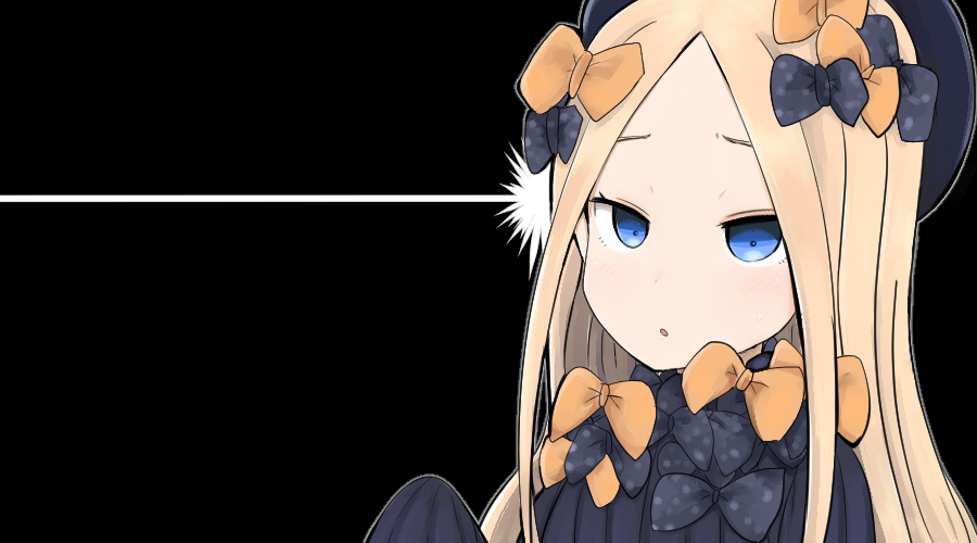 :o abigail_williams_(fate/grand_order) bangs black_background black_bow black_dress black_hat blonde_hair blue_eyes blush bow commentary_request dress fate/grand_order fate_(series) forehead hair_bow hand_up hat long_hair long_sleeves looking_at_viewer newtype_flash orange_bow parted_bangs parted_lips polka_dot polka_dot_bow ro_(aahnn) sleeves_past_fingers sleeves_past_wrists solo very_long_hair