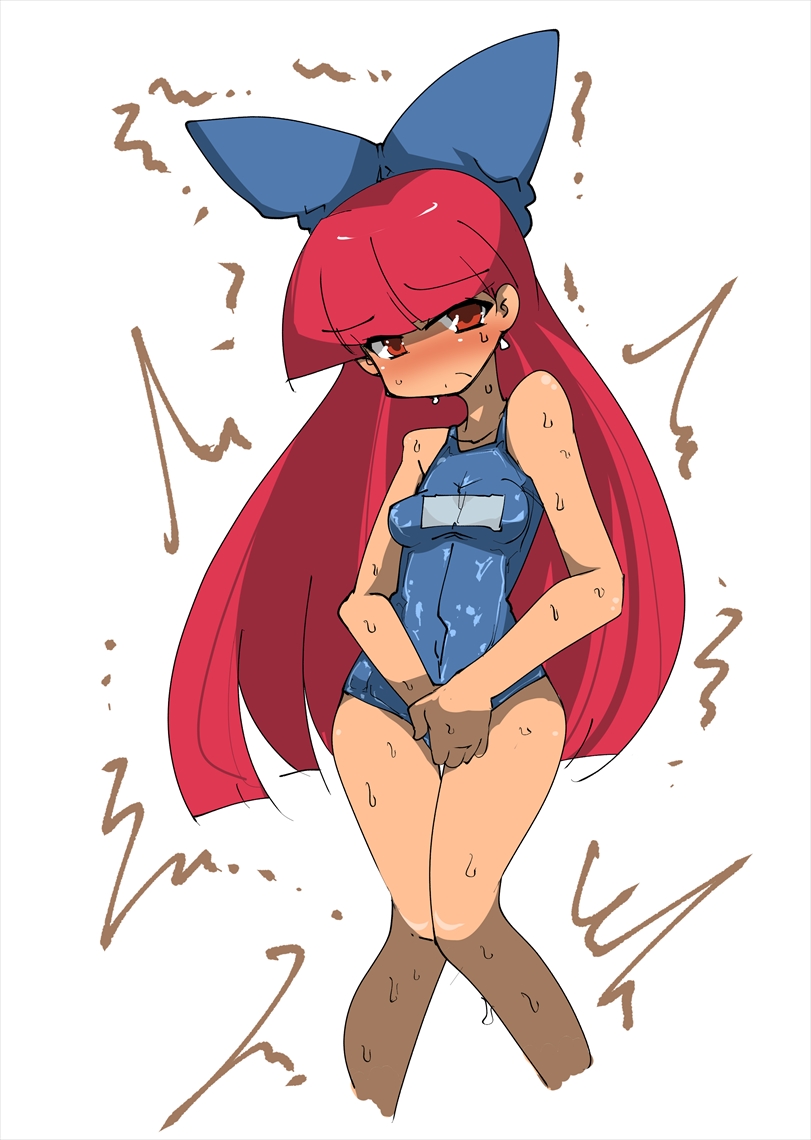 1girl bare_shoulders between_legs blue_bow blue_swimsuit blush bow breasts collarbone covered_navel cropped_legs dark_skin embarrassed female hair_bow hair_ornament hand_between_legs hands_together have_to_pee knees_together_feet_apart long_hair looking_at_viewer matching_hair/eyes nose_blush one-piece_swimsuit original red_eyes red_hair school_swimsuit simple_background small_breasts solo sweat swimsuit t=k trembling v_arms white_background