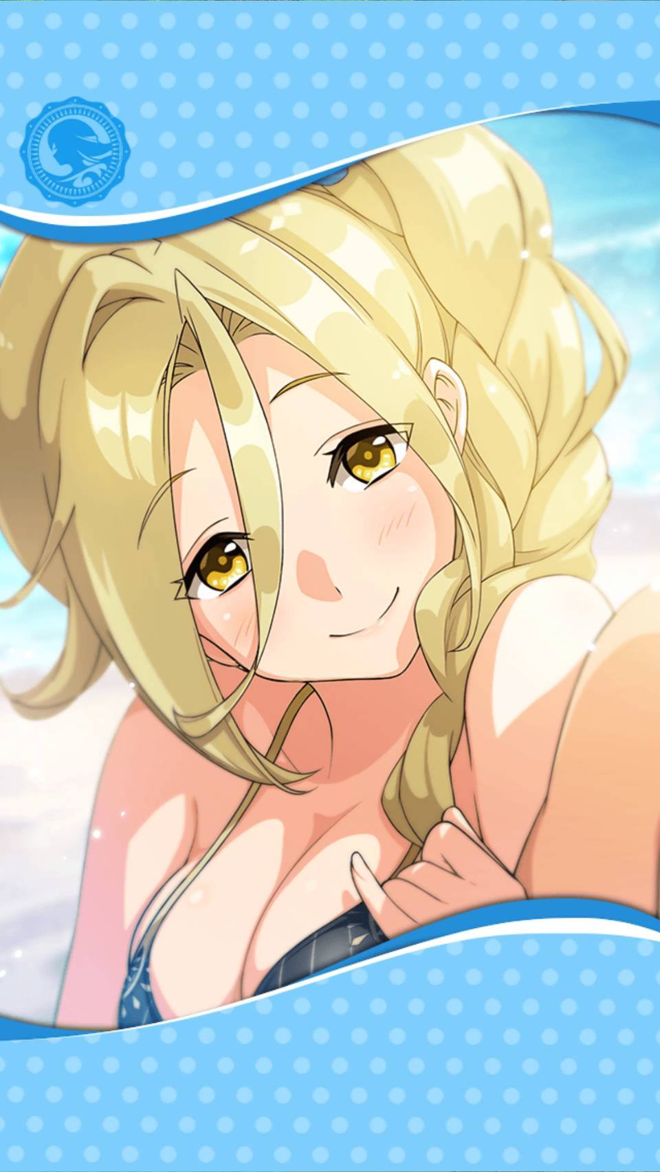 arm_hug artist_request beach blonde_hair blush braid breasts cleavage dagda_(phantom_of_the_kill) framed_image highres large_breasts official_art phantom_of_the_kill sand smile swimsuit yellow_eyes