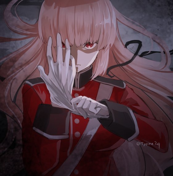 adjusting_clothes adjusting_gloves fate/grand_order fate_(series) florence_nightingale_(fate/grand_order) gloves hair_down long_hair military military_uniform pink_hair red_eyes serious shaded_face solo twitter_username tyone uniform white_gloves
