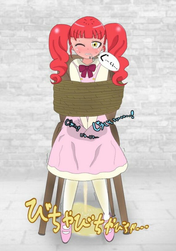 1girl akagi_anna bdsm between_legs blush bondage bound bow bowtie chair clenched_teeth dress drill_hair embarrassed eyebrows_visible_through_hair female full-face_blush full_body grey_background hand_between_legs hands_together have_to_pee indoors japanese_text kiratto_pri_chan long_sleeves looking_at_viewer matching_hair/eyes one_eye_closed pantyhose peeing peeing_self peridot_(perikaguya) pink_dress pink_footwear puddle purple_neckwear red_hair rope shiny shiny_hair shoes sitting solo speech_bubble sweat tears teeth tied_hair translation_request twin_drills twintails v_arms white_legwear yellow_eyes