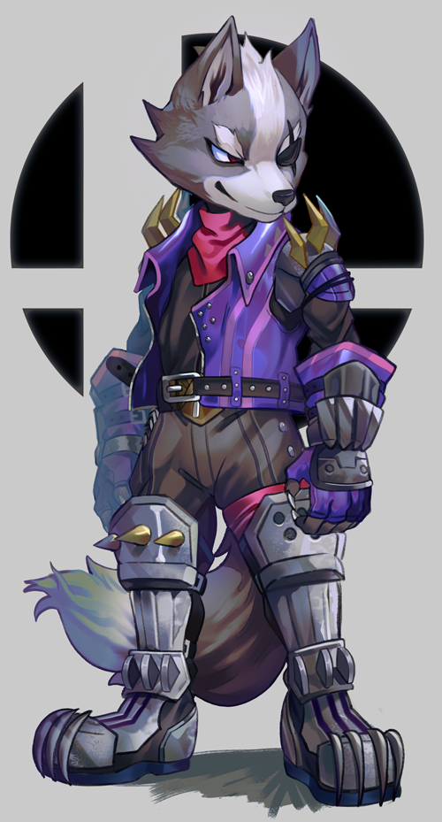 2018 anthro belt black_nose boots canine claws clothing dipstick_tail eye_patch eyewear fingerless_gloves footwear fur gloves grey_fur jacket logo male mammal multicolored_tail nintendo red_eyes scarf shoulder_pads smile solo star_fox super_smash_bros uzucake video_games white_fur wolf wolf_o'donnell