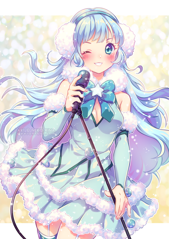 ;) bangs bare_shoulders blue_eyes blue_hair blush bow breasts cleavage commission cowboy_shot dress earmuffs frilled_skirt frills fur_trim garter_straps gloves grin holding holding_microphone idol long_hair looking_at_viewer microphone neko-rina one_eye_closed original skirt smile solo thighhighs wavy_hair winter_clothes