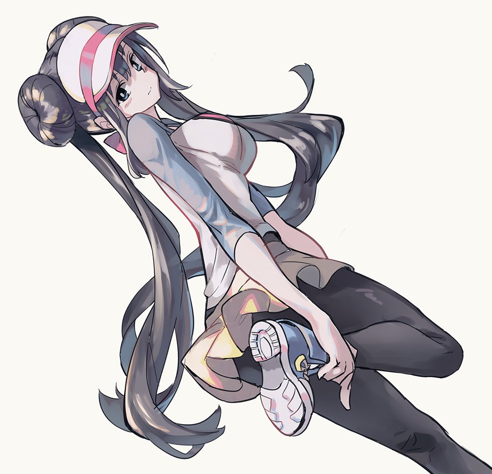 black_legwear blue_eyes breasts brown_hair double_bun huanxiang_huifeng large_breasts leg_lift legwear_under_shorts long_hair looking_back mei_(pokemon) pantyhose pokemon pokemon_(game) pokemon_bw2 raglan_sleeves shoes shorts sneakers solo twintails very_long_hair visor_cap white_background yellow_shorts