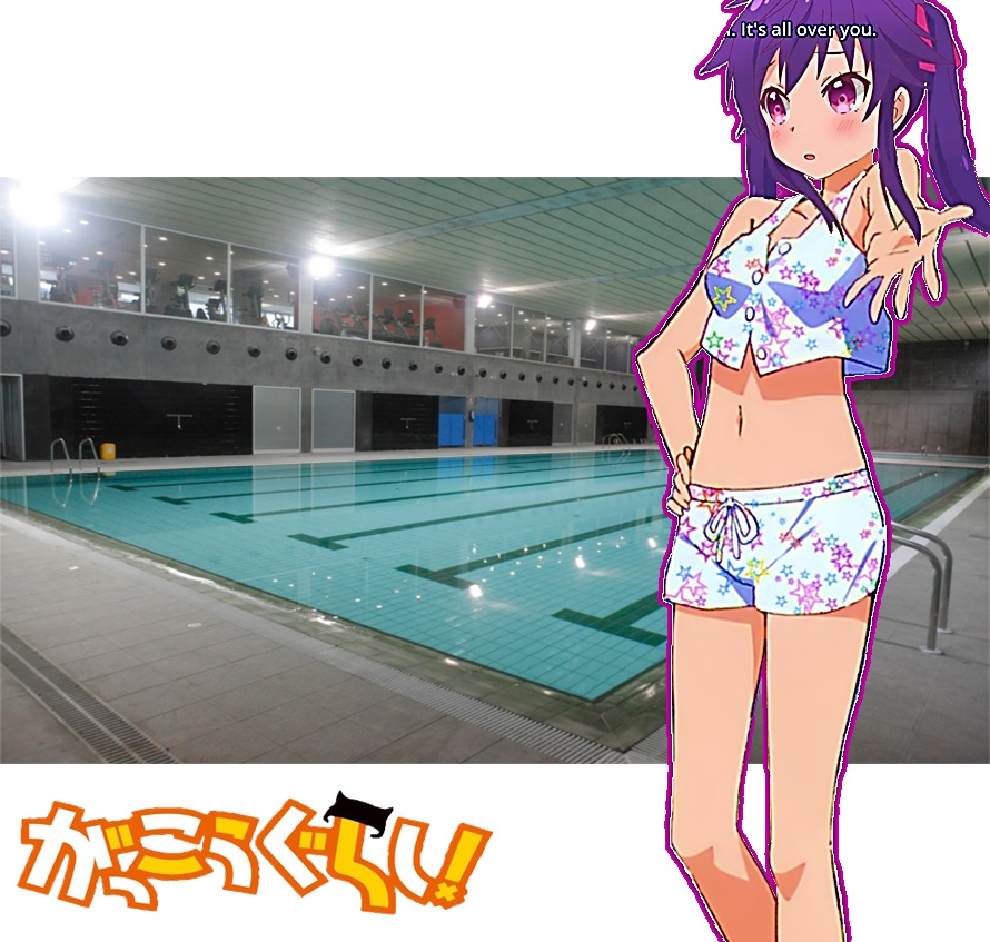 bikini bikini_shorts ebisuzawa_kurumi gakkou_gurashi! indoors pool short_shorts swimsuits