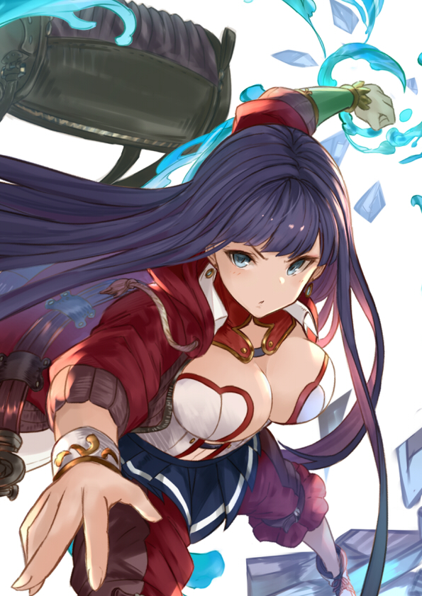 :o bag bangs blue_eyes blunt_bangs breasts center_opening cleavage clenched_hand earrings fate/grand_order fate_(series) fighting_stance jacket jewelry large_breasts looking_at_viewer pants pants_under_skirt pleated_skirt puffy_pants purple_hair red_jacket saint_martha simple_background skirt solo straight_hair water white_background yatsuka_(846)