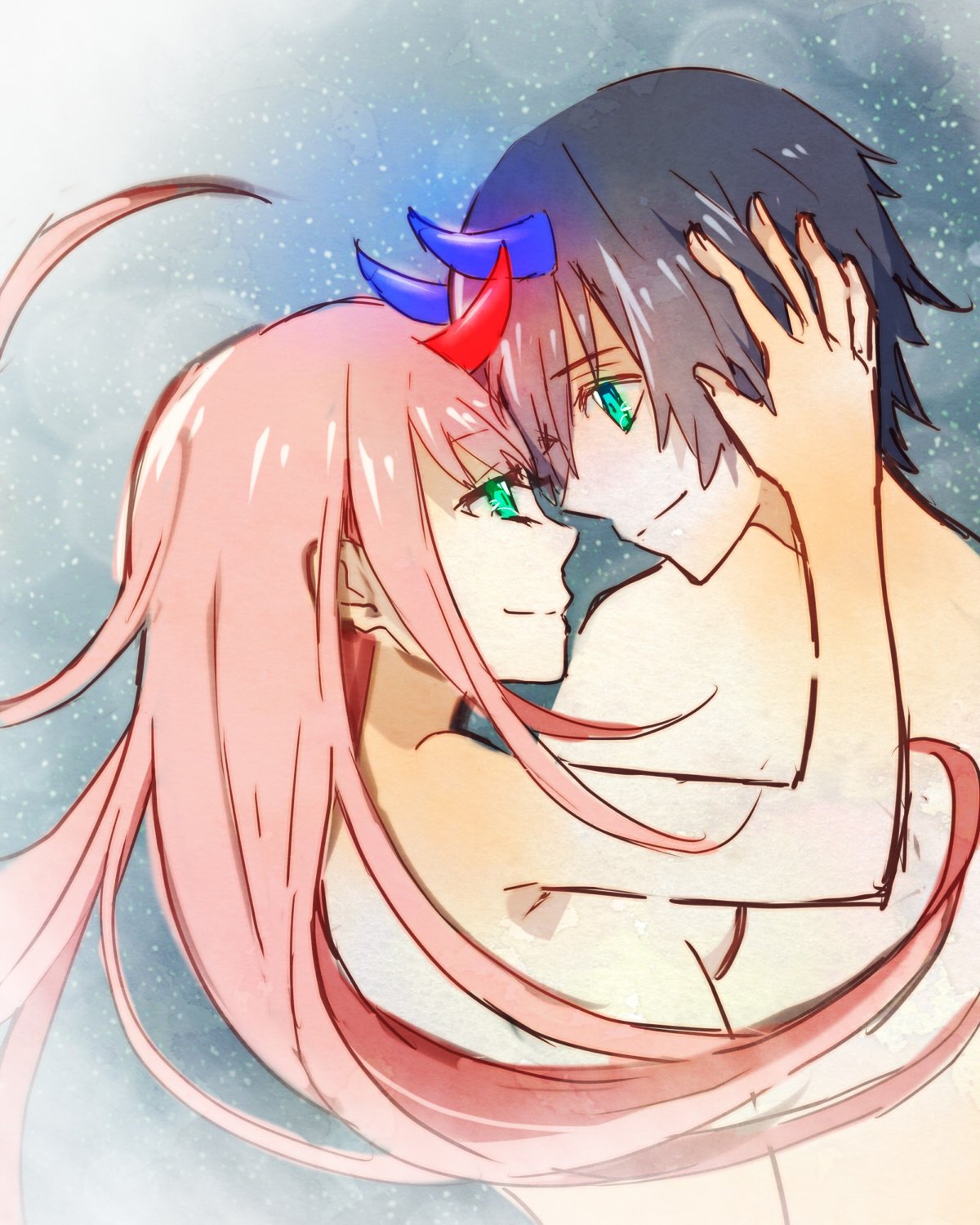 1girl bangs black_hair blue_horns breasts commentary_request couple darling_in_the_franxx eyebrows_visible_through_hair face-to-face facing_another forehead-to-forehead green_eyes hand_on_another's_head hetero highres hiro_(darling_in_the_franxx) horns long_hair looking_at_another medium_breasts night night_sky oni_horns pink_hair red_horns shirtless sky soranereco star star_(sky) starry_sky zero_two_(darling_in_the_franxx)