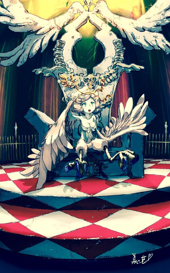 1girl :o breasts cleavage feathered_wings female harpy ippatu monster_girl open_mouth original signature sitting solo throne wings