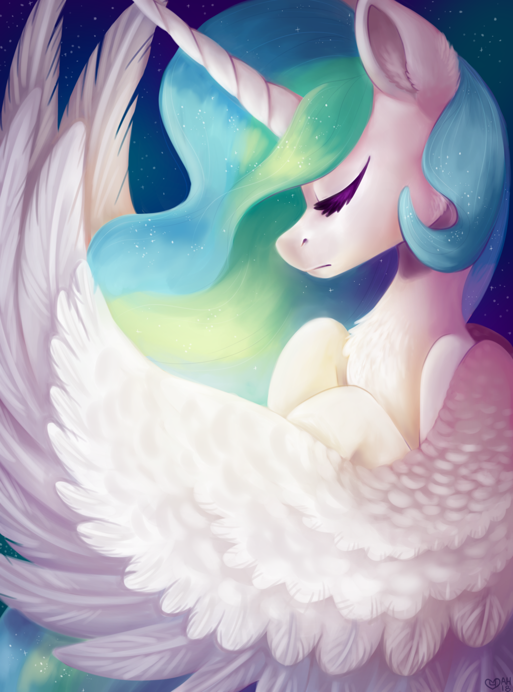 2018 blue_background equine eyelashes eyes_closed feathered_wings feathers female feral friendship_is_magic hair hooves horn long_hair mammal multicolored_hair my_little_pony nude portrait princess_celestia_(mlp) rainbow_hair simple_background solo spindlespice white_feathers winged_unicorn wings