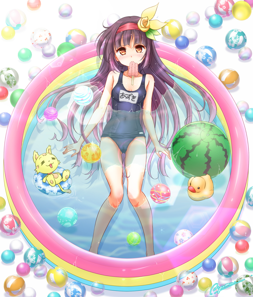 =_= ass_visible_through_thighs ayumu_(ayumumkrg) azuki_(flower_knight_girl) ball beachball blue_swimsuit cameltoe cat covered_navel flower flower_knight_girl food full_body hair_flower hair_ornament hairband light_blush long_hair looking_at_viewer name_tag orange_eyes popsicle purple_hair red_hairband rubber_duck signature solo swimsuit wading_pool watermelon_beachball