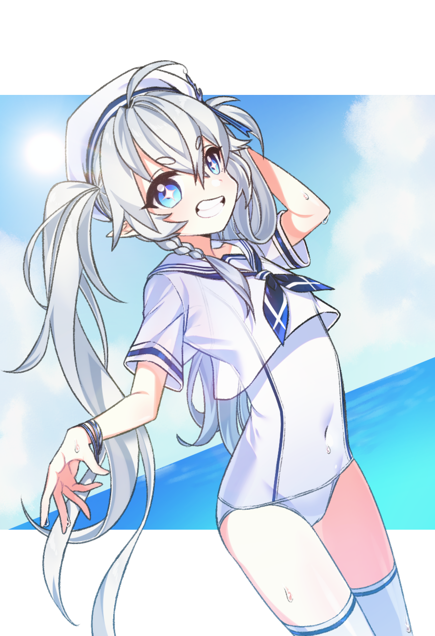 ahoge alternate_costume angellyuna blue_eyes blue_sky braid commentary_request day elsword eyebrows_visible_through_hair grin hair_between_eyes hat highres korean_commentary luciela_r._sourcream ocean pointy_ears sailor_collar sailor_hat sailor_shirt see-through shirt silver_hair sky smile swimsuit symbol-shaped_pupils thighhighs twintails white_swimsuit wristband