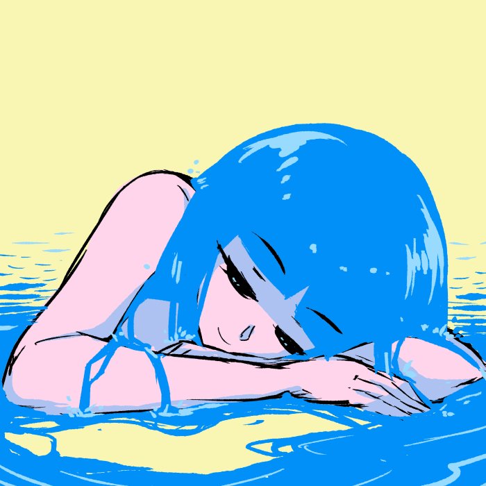 akairiot bangs blue_hair commentary english_commentary eyebrows_visible_through_hair kelda_(akairiot) liquid_hair long_hair lying on_stomach original portrait simple_background smile solo water yellow_background
