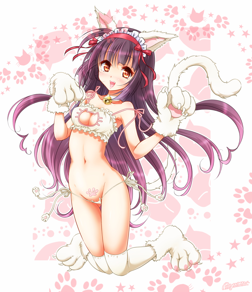 :d animal_ears ass_visible_through_thighs ayumu_(ayumumkrg) azuki_(flower_knight_girl) bell bell_choker bow bra breasts cat_cutout cat_ear_panties cat_ears cat_lingerie cat_tail character_name choker cleavage cleavage_cutout flower_knight_girl frilled_hairband frills gloves hair_bow hairband jingle_bell kemonomimi_mode light_blush long_hair looking_at_viewer medium_breasts meme_attire navel open_mouth orange_eyes panties partially_visible_vulva paw_gloves paws purple_hair red_bow red_hairband revealing_clothes side-tie_panties signature smile solo tail thighhighs underwear white_bra white_choker white_legwear white_panties